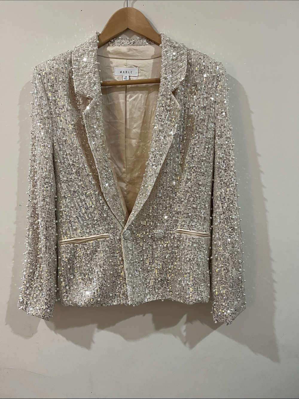 MABLE Ivory Sequin Tweed Blazer Jacket, Size XS